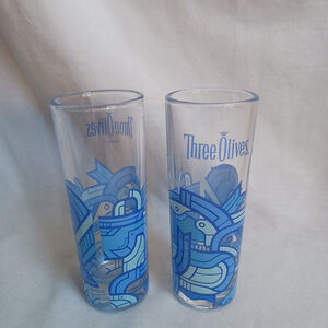 Three Olives Vodka Special Edition Shot Glasses Blue Aztec Abstract Set Of 2